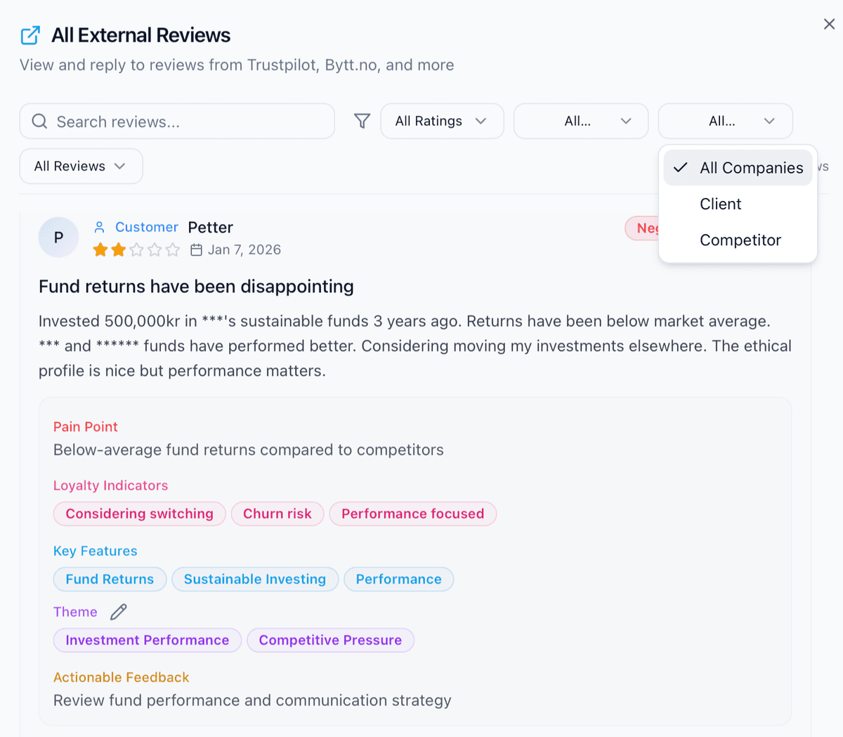 Compethic AI annotation showing customer review with sentiment analysis, pain points, loyalty indicators, key features, themes, and actionable feedback